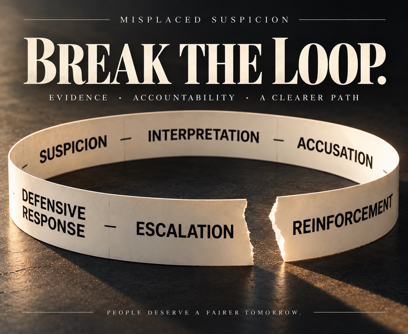 Break the Loop: a torn-paper diagram of how suspicion can reinforce itself.